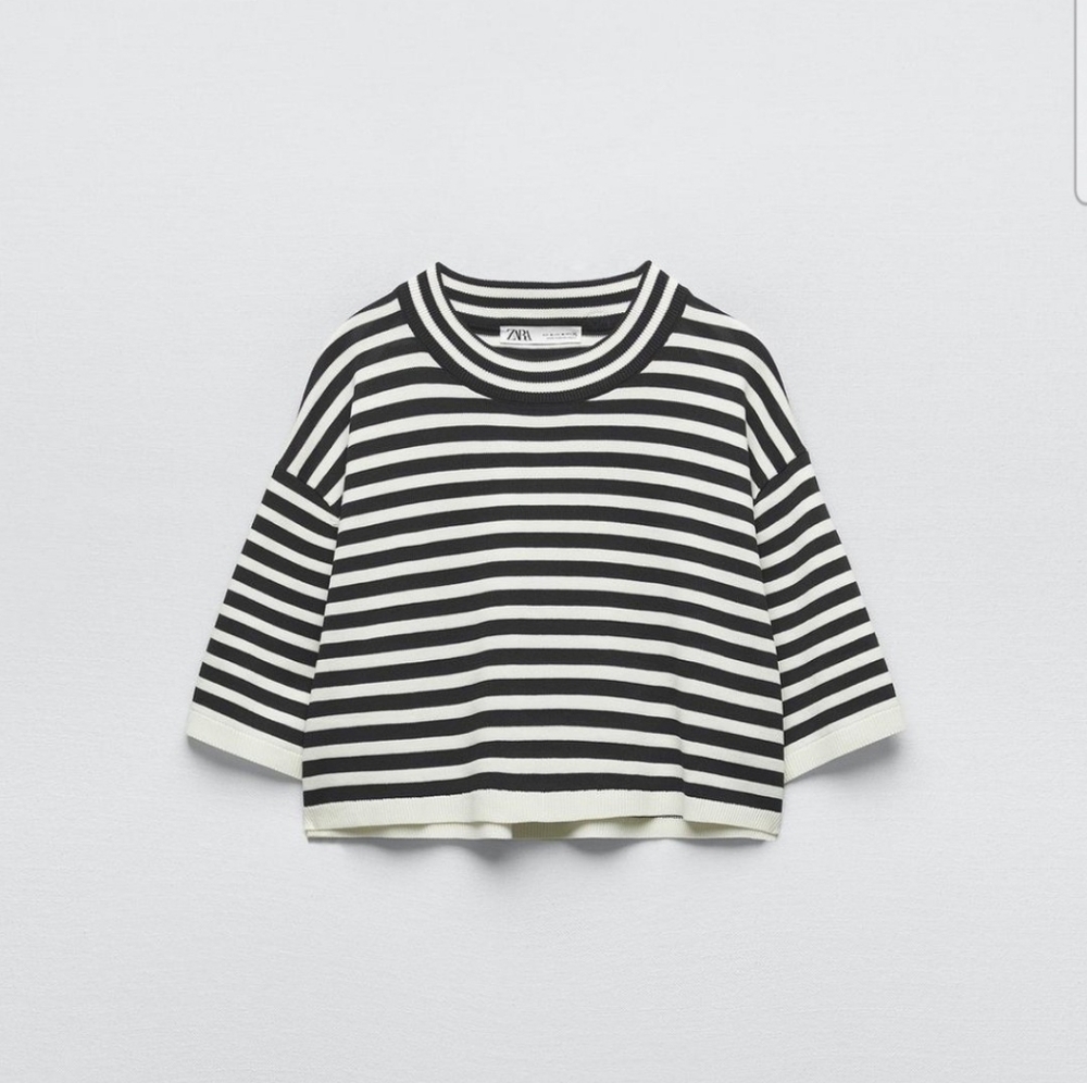 Zara Navy & White Striped Cropped Short Sleeve Tee